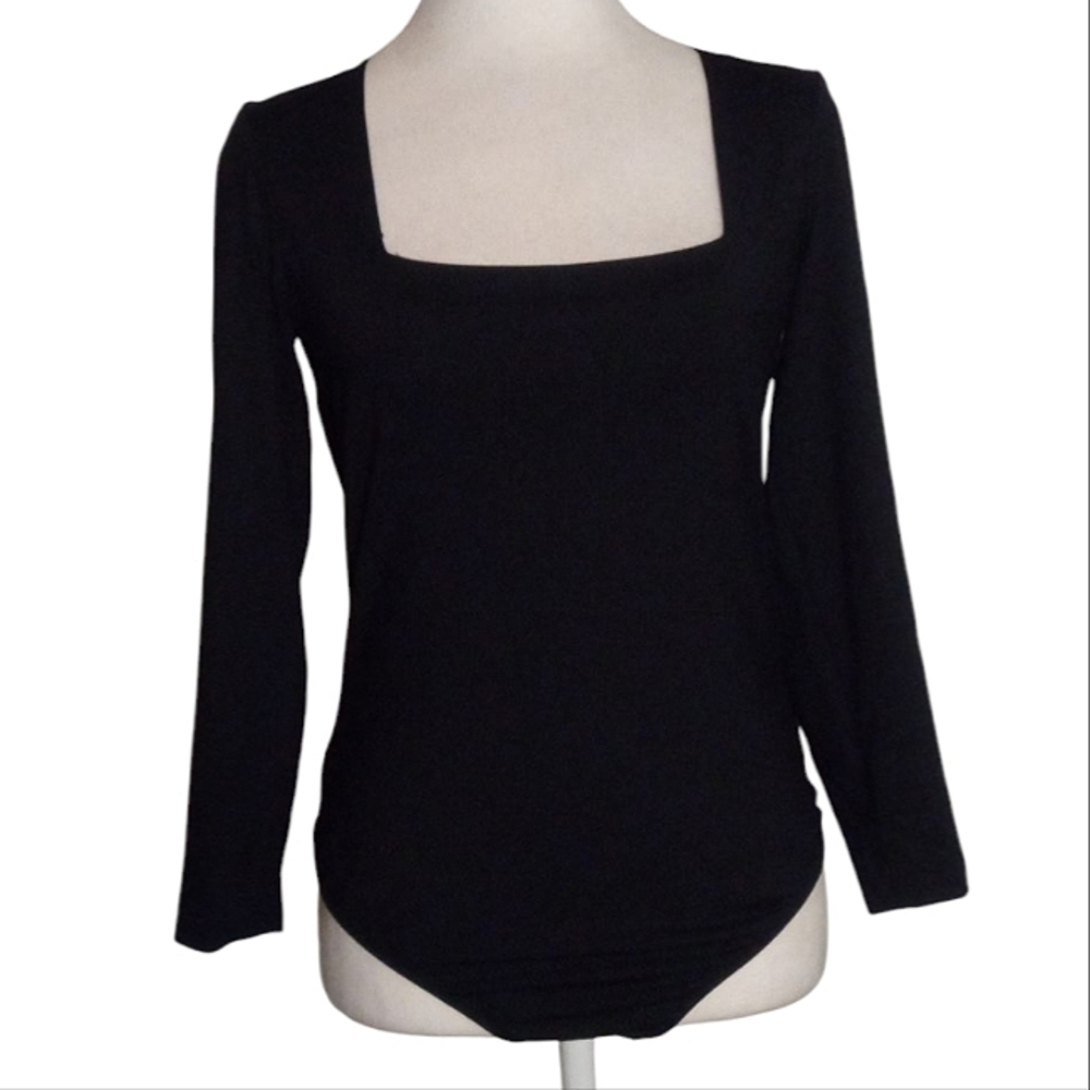 Free People Black Square Neck Long Sleeve Thong Bodysuit Y2K Size Medium